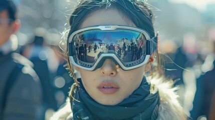 The close up picture of the asian female is wearing the goggle for playing the ski surrounded by the people, the skier is person who like sport of skiing involves traveling over snow using ski. AIG51.