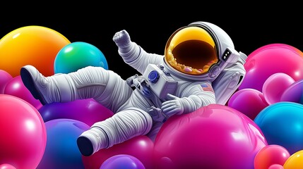 Wall Mural - a colorful image of a man in a spacesuit laying on a pile of colorful balloons. concept of whimsy an