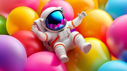 Wall Mural - a colorful image of a space suit astronaut floating in a pile of colorful balloons. the astronaut is