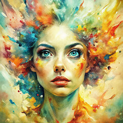 Wall Mural - Conceptual abstract colorful portrait of young woman with hair splash in watercolor style.