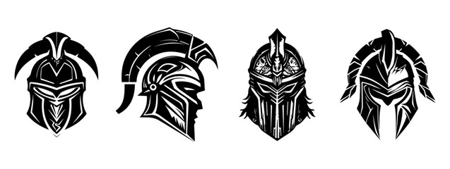 Vector set of gladiator warrior helmet black logos.