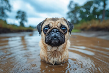 Canvas Print - A pug dog is standing in a puddle of water