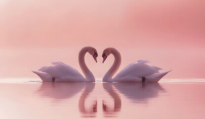 Two swans in love on the lake, forming a heart shape with their necks, pastel pink background, soft lighting, romantic mood, water reflection, 