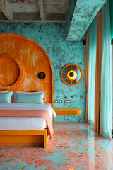 Canvas Print - A bedroom with an orange and blue wall