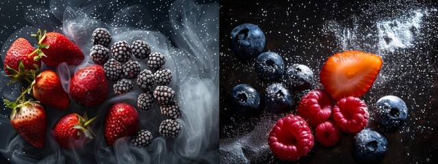 Wall Mural - Assorted fresh and frozen berries with powdered sugar on dark background