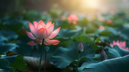 Aufkleber - Royalty high quality free stock photo image of a pink lotus flower The background is the lotus leaf pink lotus flower lotus bud in a pond Viet Nam Peace scene countryside Vietnam Beaut : Generative AI