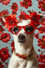 Canvas Print - A white dog wearing red glasses and flowers