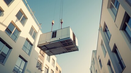 A large modular construction unit is being hoisted by cranes between two modern buildings under a clear blue sky.