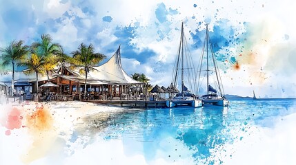 Poster - Watercolor Painting of a Tropical Restaurant with Sailboats Docked at a Marina.