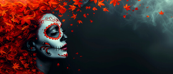 Wall Mural - A woman's face is painted with a skeleton and leaves. The leaves are red and scattered all over the face. Scene is eerie and spooky