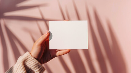 Mockup of womans hand holding blank white card on a pink background with shadows from plants, the sleeve of a pink knitted sweater