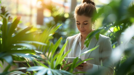 Aufkleber - A focused woman in business attire efficiently works on a tablet in a modern sunlit office space with a conference table and greenery in the foreground : Generative AI
