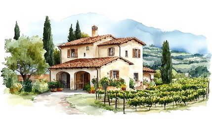 Canvas Print - Watercolor Painting of a Tuscan Villa with Vineyard and Mountains.