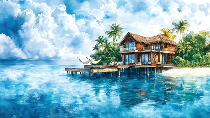 Wall Mural - Tropical Paradise Watercolor Illustration - Overwater Bungalow with Hammock.