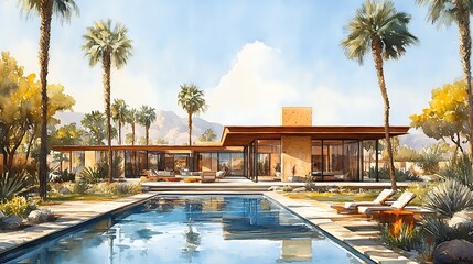 Canvas Print - Modern Desert Home with Swimming Pool and Palm Trees Watercolor Illustration.