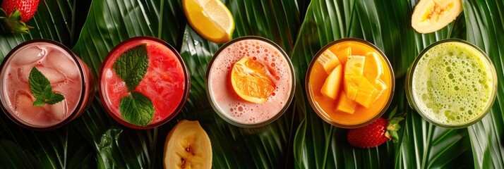 Wall Mural - Mixed fresh tropical fruit smoothies displayed on banana leaves