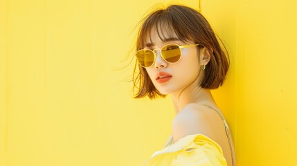 Stylish young woman in a yellow outfit and sunglasses, standing confidently against a vibrant yellow background, exuding a fashionable and bold vibe.