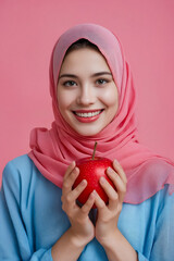 Sticker - A woman in a pink headscarf holding an apple in her hands