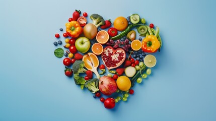 Wall Mural - A vibrant heart-shaped arrangement of assorted fruits and vegetables against a pastel blue background promotes healthy eating.