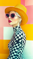 Poster - A woman wearing a yellow hat and pink sunglasses