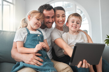 Poster - Sofa, selfie and parents with children on tablet for profile picture, social media and online post. Family, relax and mom, dad and kids on digital tech for relationship, memory or bonding in home