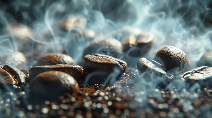 Aufkleber - Coffee beans close up Texture of brown coffee beans in smoke Ground and coarse coffee Contrasting dramatic light as an artistic effect : Generative AI