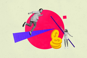 Poster - Creative collage poster young man run money finance stack dollar coins golden tokens path way inspiration achieve goal trader investor