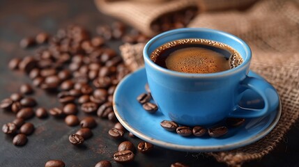 Aufkleber - A cup of aromatic black coffee and coffee beans on the table Morning Coffee Espresso for breakfast in a beautiful blue cup : Generative AI