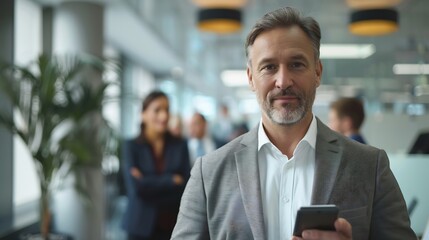 Poster - Business man portrait and smartphone in office with team in background for corporate work and collaboration Male professional mobile or tech with colleagues meeting behind for new job  : Generative AI