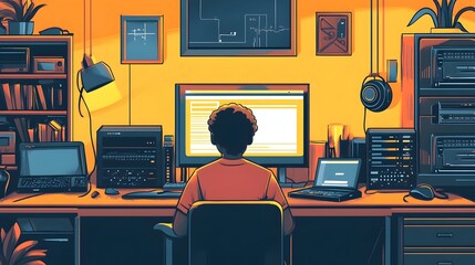 Poster - troubleshooting technology at home a person surrounded by various tech devices like routers modems a
