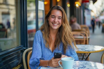 Sticker - A cheerful young woman enjoying breakfast at a cafe while using her smartphone, highlighting a trendy and relaxed urban lifestyle.