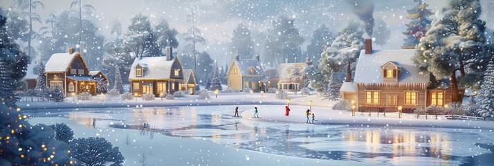 Aufkleber - Families enjoy skating on a frozen pond in a picturesque winter village surrounded by snow-covered cottages and warm, glowing windows. Generative AI