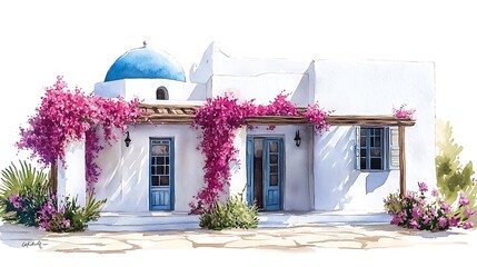 Sticker - Watercolor Painting of a White Greek House with Blue Dome and Bougainvillea Flowers.