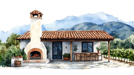 Sticker - Watercolor illustration of a cozy Mediterranean house with a fireplace, surrounded by greenery and mountains.