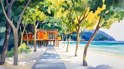 Poster - Watercolor Painting of a Tropical Beach House with a Wooden Walkway.