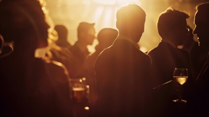 elegantly dressed guests socialize at an event, bathed in golden light as they enjoy their drinks, c