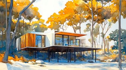 Poster - Modern House in Watercolor Style with Autumn Trees.