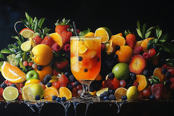 Wall Mural - A vibrant display of assorted fruits and a refreshing drink, highlighting summer's bounty.