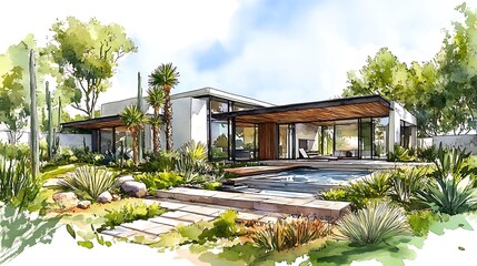 Sticker - Watercolor Sketch of a Modern Home with a Swimming Pool and Lush Landscaping.