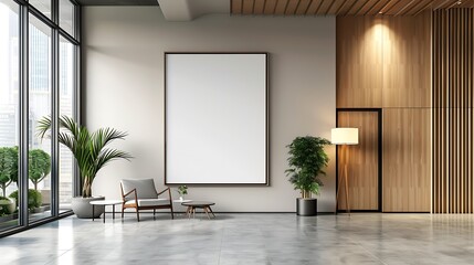 Poster - corporate branding identity logo display white blank frame mockup with modern business offices reception background as banner with copy space area mock up : Generative AI