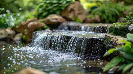 Poster - Green cozy garden with a small waterfall and rocks and structures in the pond : Generative AI