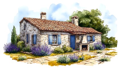 Poster - Watercolor Illustration of a Stone Cottage with Lavender and a Stone Path.