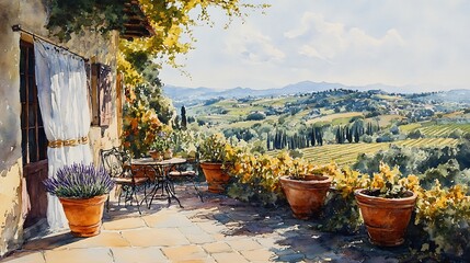 Sticker - Watercolor Painting of a Patio with a View of Rolling Hills.