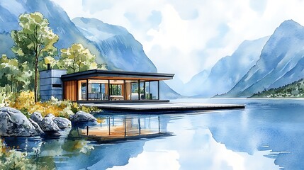 Poster - Watercolor Illustration of a Modern Cabin on a Mountain Lake.