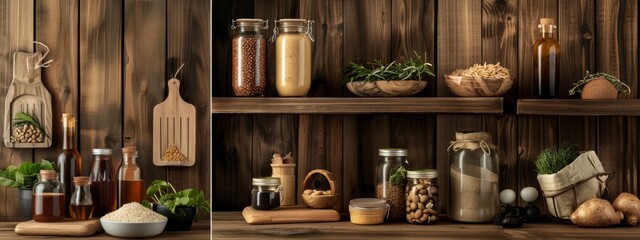 Wall Mural - Wooden shelves with jars and bottles of pantry ingredients