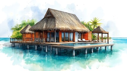 Poster - Watercolor illustration of a tropical beach bungalow with a private pool.