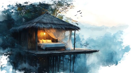 Wall Mural - Romantic Treehouse with Watercolor Effect in a Misty Forest.