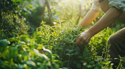 Poster - A person tending to a lush herb garden filled with vibrant green plants, soaking in the morning sunlight.