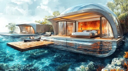 Wall Mural - Modern dome shaped villa with a swimming pool and wooden deck.