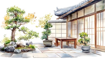 Wall Mural - Watercolor Painting of a Traditional Japanese House with a Patio and Bonsai Trees.